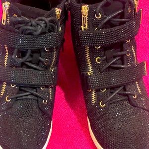 INC BLING Sneakers in Black size 9M w/gold details zippered side Velcro Straps